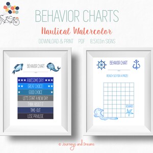 Może przedstawiać: Dwie drukowalne karty zachowań z motywem marynistycznym. Pierwsza karta przedstawia ilustrację wieloryba i ryby i wymienia różne poziomy zachowań, w tym "Wspaniały dzień!" i "Utrata przywilejów". Druga karta przedstawia ilustrację koła sterowego i kotwicy i jest siatką do śledzenia zachowań z komunikatem "Osiągnij 50, aby otrzymać nagrodę!" Obie karty mają rozmiar 8,5 x 11 cali.