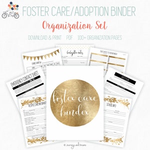 May include: A printable foster care and adoption binder organization set with over 100 pages. The pages are designed with a gold glitter background and black text. The pages include a chore chart, emergency contact sheet, respite care information, forgotten notes, due dates to remember, safety plan, and school information.