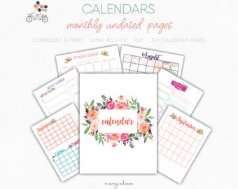 Calendar . Undated . 30+ Pages . US Letter 8.5 x 11 .  Printable . DIGITAL DOWNLOAD . Watercolor Floral Series