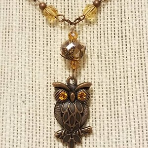 May include: A brown owl pendant necklace with amber glass beads and a crystal charm. The owl has yellow rhinestone eyes.