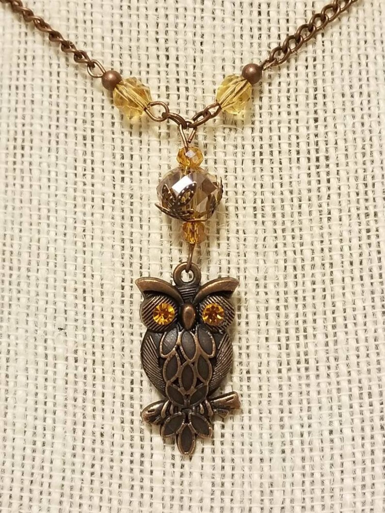 May include: A brown owl pendant necklace with amber glass beads and a crystal charm. The owl has yellow rhinestone eyes.