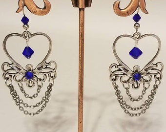 Antique silver heart shaped chandelier earrings, sapphire blue earrings