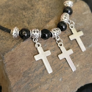Cross choker, triple cross necklace choker, leather choker