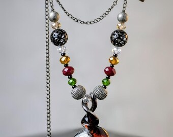 Murano Lampwork Glass Twisted Heart Pendant Necklace, Beaded Chain Jewelry