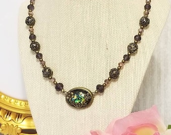 Victorian style necklace, vintage style necklace, purple beaded necklace, pearl necklace