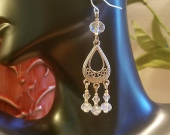 Antique silver crystal chandelier earrings, crystal dangle hook earrings, bridal chandelier earrings