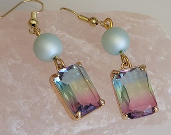 Rectangular gradient crystal earrings, emerald cut earrings,  pearl earrings