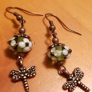 Vintage copper dragonfly earrings, green floral lampwork glass earrings, wedding bridal earrings