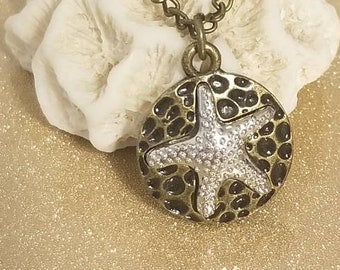 Bronze and silver starfish charm necklace, beach jewelry