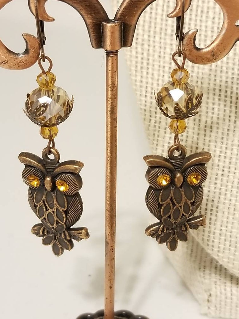May include: A pair of owl earrings with amber glass beads and bronze owl charms. The earrings are hanging from a copper earring stand.