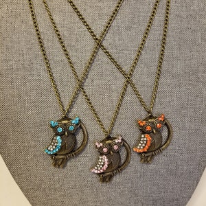 Owl pendant necklace, owl jewelry, owl necklace, rhinestone owl pendant