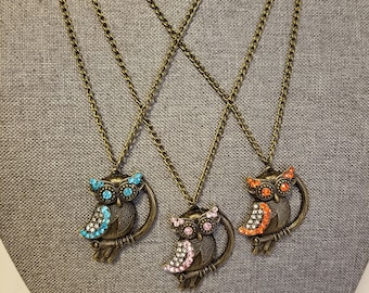 Rhinestone Owl Pendant Necklace, Bronze Owl Jewelry