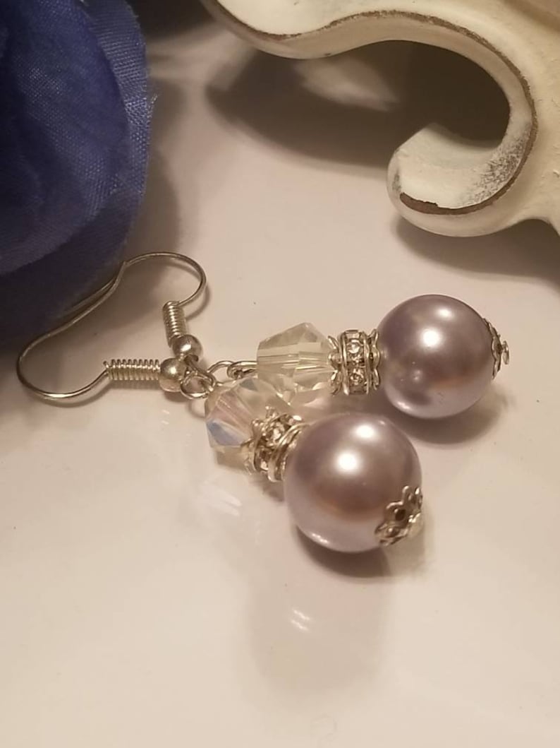 crystal earrings bridal jewelry Lavender pearl earrings prom jewelry holiday jewelry