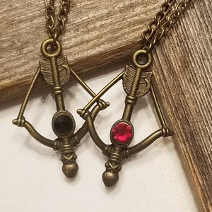 Bow and arrow charm necklace, archery necklace jewelry,  bronze necklace