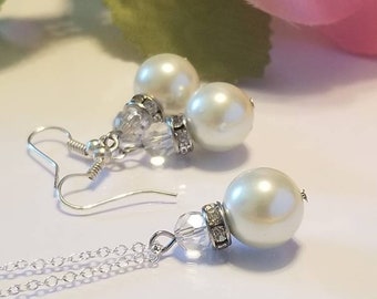 Pearl pendant necklace, pearl necklace with pearl earrings, sterling silver necklace, pearl jewelry set, bridal jewelry