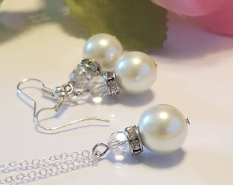 Pearl Pendant Necklace and Earring Set, Sterling Silver Chain, Bridal Jewelry