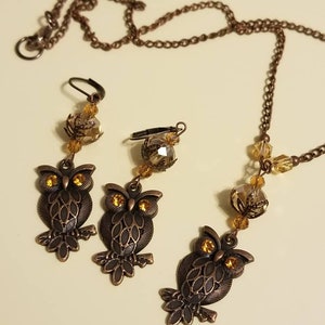 May include: A set of owl-shaped earrings and a necklace with amber-colored crystal beads and bronze-colored metal accents.