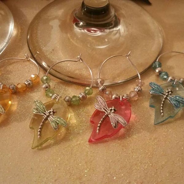 Unique glittered dragonfly wineglass charms, acrylic leaf wine glass charms, kitchen accessories,  housewarming gifts, glass markers