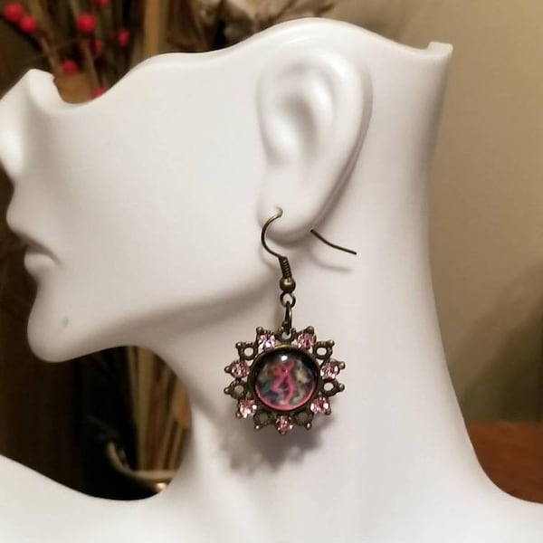 Cabochon earrings, deer head earrings, camouflage earrings, pink rhinestone country girl earrings