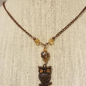May include: A copper chain necklace with amber-colored beads and a dangling owl charm with rhinestone eyes.