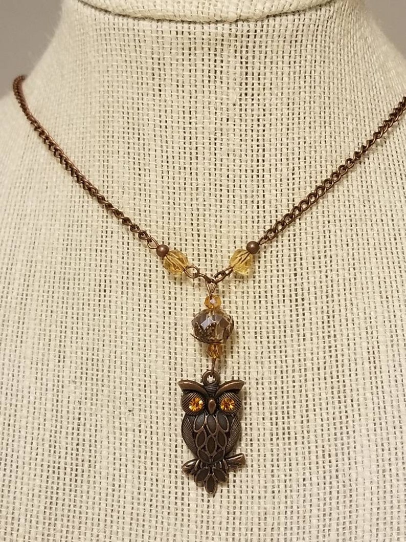 May include: A copper chain necklace with amber-colored beads and a dangling owl charm with rhinestone eyes.