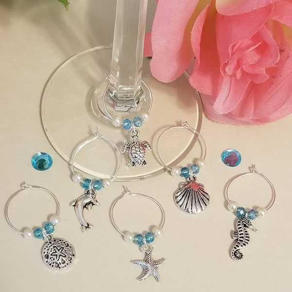 Nautical beach wine glass charms, house warming gifts, wine glass markers