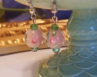 Little pink floral lampwork glass earrings, crystal dangle hook earrings, kids earrings, flower girl earrings, children's jewelry