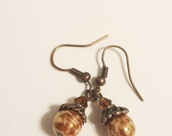 Czech picasso brown beaded dangle earrings, antique copper crystal hook earrings
