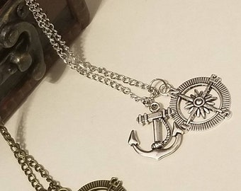 Men's anchor and compass  necklace, nautical necklace, charm necklace, beach jewelry