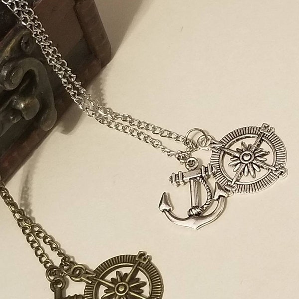 Men's anchor and compass  necklace, nautical necklace, charm necklace, beach jewelry