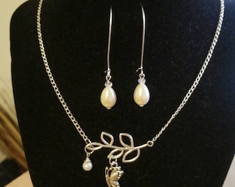 Silver butterfly necklace, leaf necklace, pearl necklace and earrings set, butterfly jewelry set