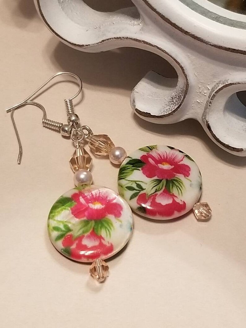 dangle drop hook earrings flower floral earrings pink crystal earrings Round glass disc earrings bridal earrings