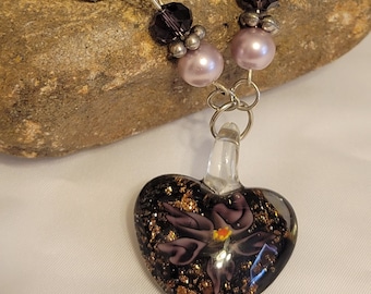 Heart pendant necklace, beaded necklace, murano lampwork glass heart pendant