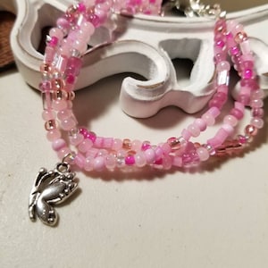 Pink multi strand seed bead bracelet, butterfly charm bracelet, butterfly jewelry