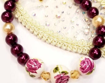 Victorian rose pearl bracelet,  maroon and gold pearl bracelet, pearl jewelry, vintage bridal jewelry, prom jewelry