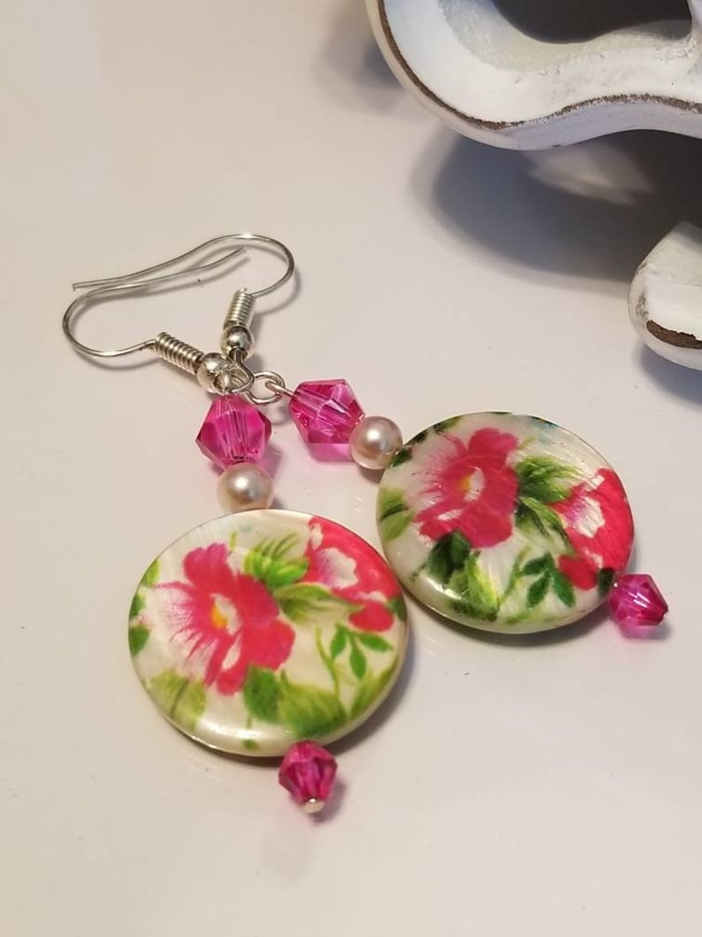 dangle drop hook earrings flower floral earrings pink crystal earrings Round glass disc earrings bridal earrings