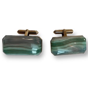 Vintage Destino Green Agate Stone + 12K Gold Filled Cuff Links