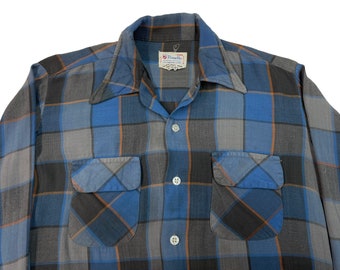 Vintage Penney's Towncraft Rayon Shadow Plaid Loop Collar Shirt M