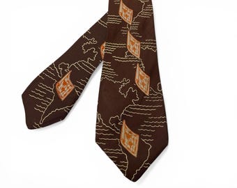 Corbata de seda vintage de los años 50 ~ Motivo de mapa del mundo ~ Atlas internacional de viajes