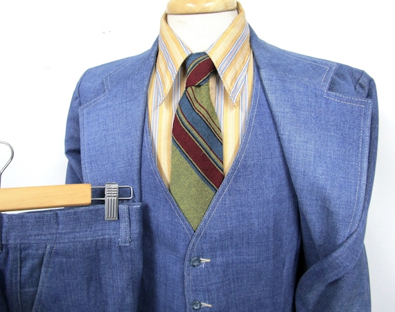 Vintage 1970s 3pc Denim Suit 42 R ~ 100% Cotton ~