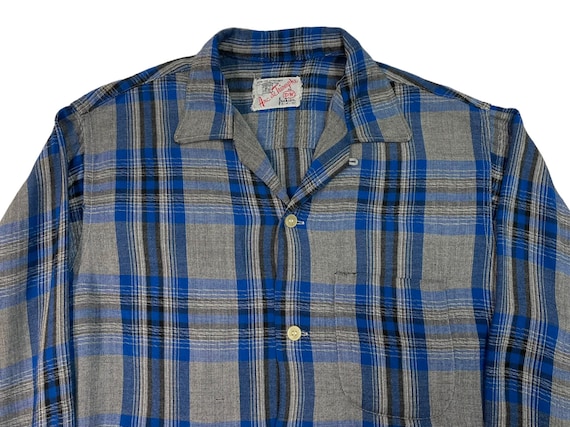 Vintage 1950s Rayon Loop Collar Plaid Shirt sz S … - image 1