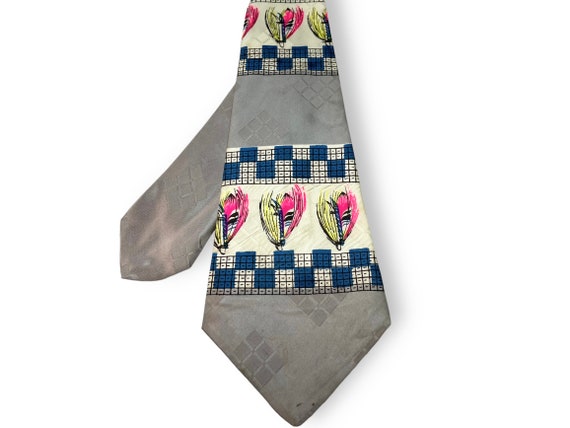 Vintage 1940s Fly Fishing Abstract Silk Necktie ~… - image 1