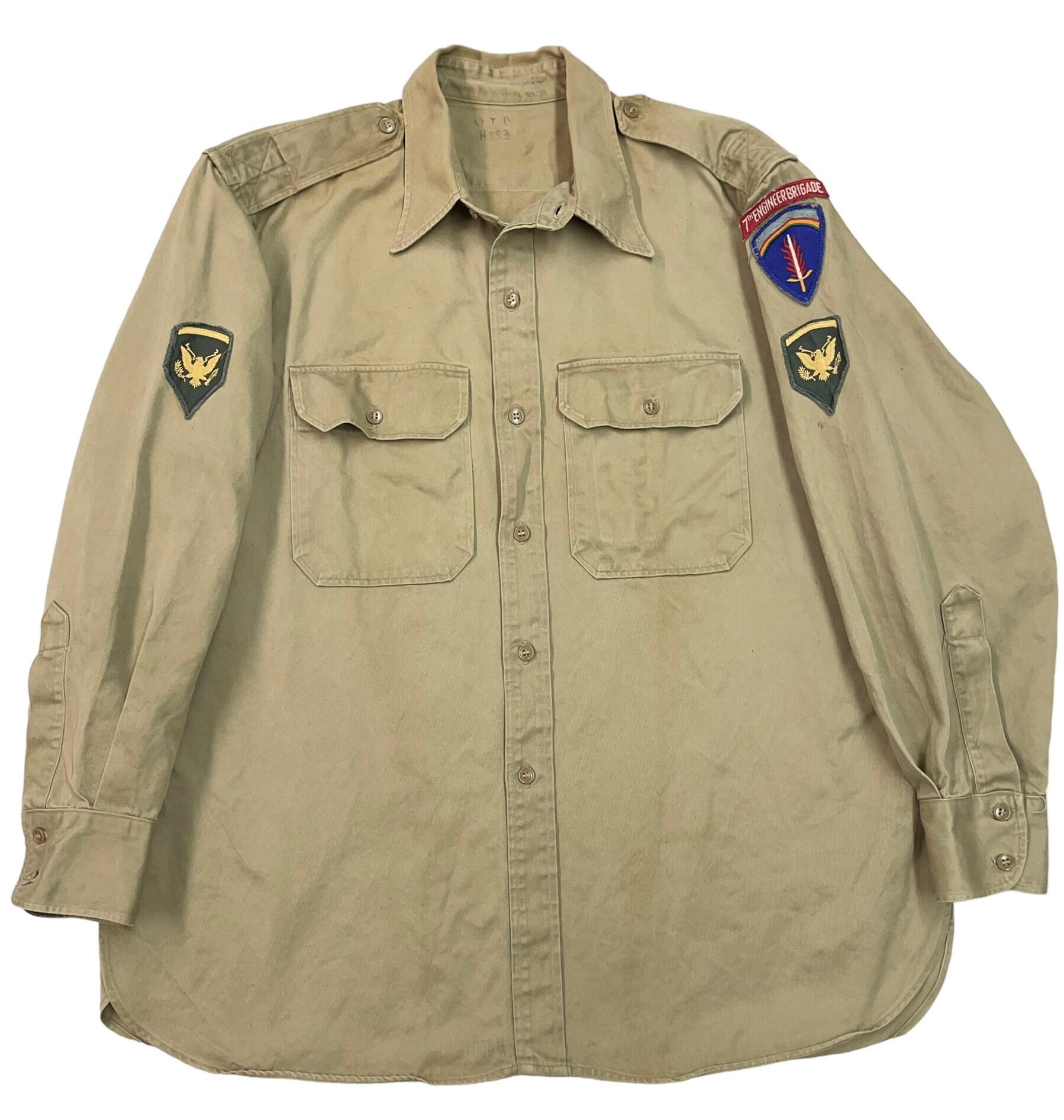 Vintage 1950s Army Khaki Cotton Shirt Sz XL ~ Patches 7th Vintage 1950s Army Khaki Cotton Shirt Sz XL ~ Patches 7th