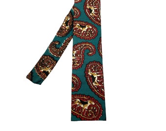 Vintage 1960s Rooster Skinny Square Tie DOG MOTIF Paisley Teal Green Blue