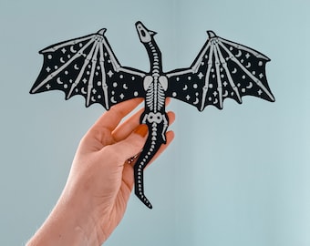 Glow in the Dark Skeleton Dragon Patch | Iron On Woven Fabric (10 inch)