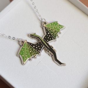 Green and Black Dragon Necklace | Silver Plated, 16 inch Chain