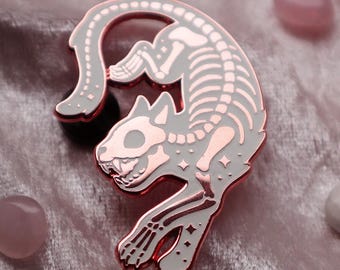 Rose Gold Skelett Katze Emaille Pin | Halloween Anstecknadel