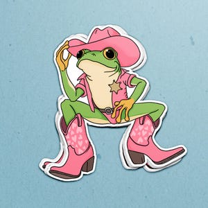 Adesivo rana cowboy rosa / Adesivo fustellato / Adesivi lucidi carini