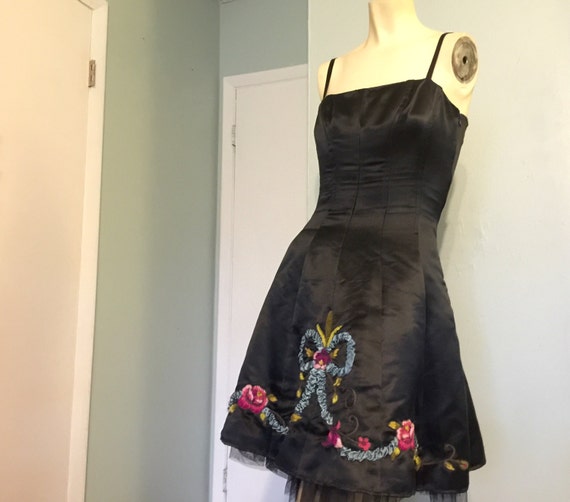 Betsey Johnson Black Silk Party Dress Embroidered