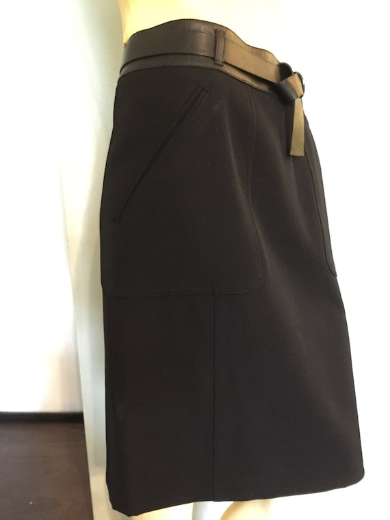 Prada Black Wool Pencil Skirt Leather Trim Leather